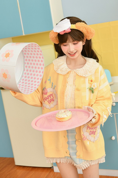 [pre-order] Strawberry Shortcake + Plaid High Waist Skirt + Custard Cardigan