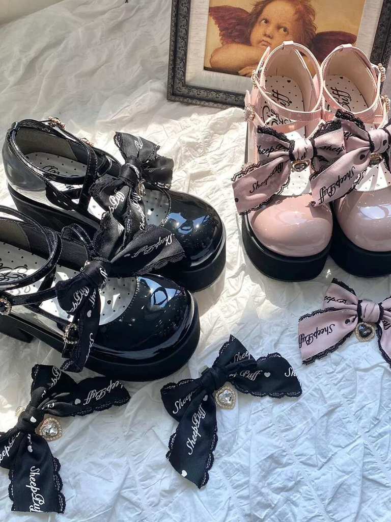 Black Pink Jewel Ribbon Platform Shoes