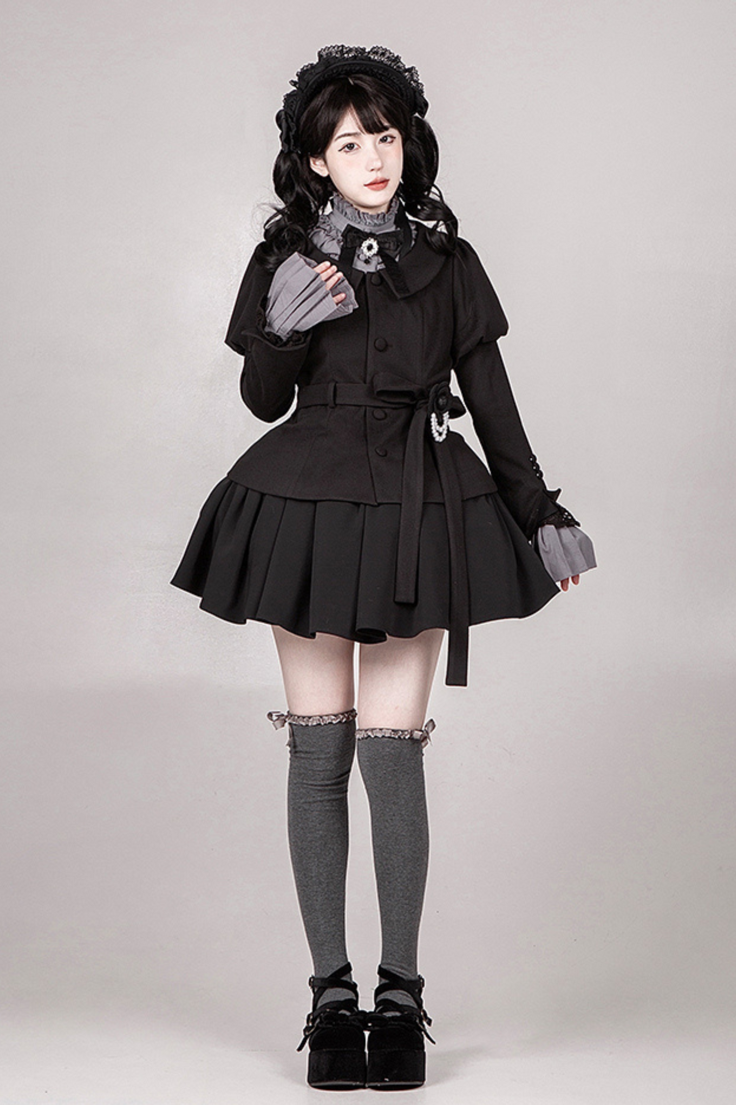 [pre-order] Dark Sweet Lolita Dress + Faux Collar + Necklace + Jacket + Ribbon + Sleeve + Fur Shawl