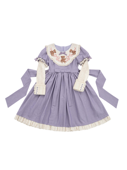 [pre-order] Lolita Teddy Bear Flap Lace Puff Sleeve Ribbon Dress