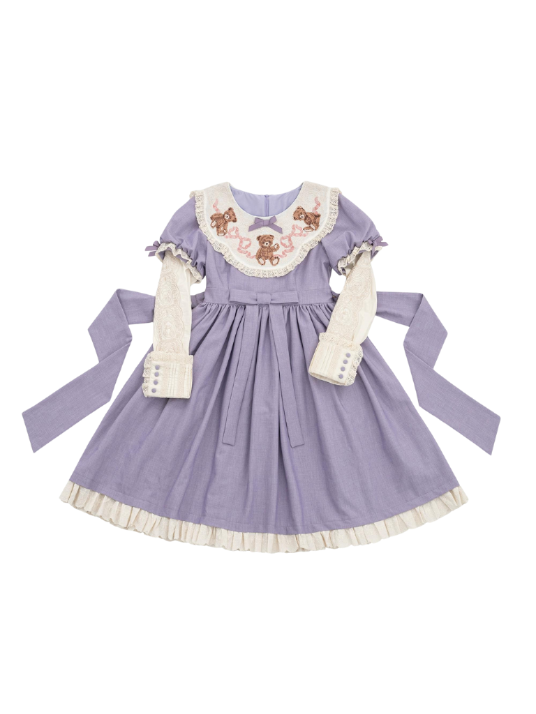 [pre-order] Lolita Teddy Bear Flap Lace Puff Sleeve Ribbon Dress