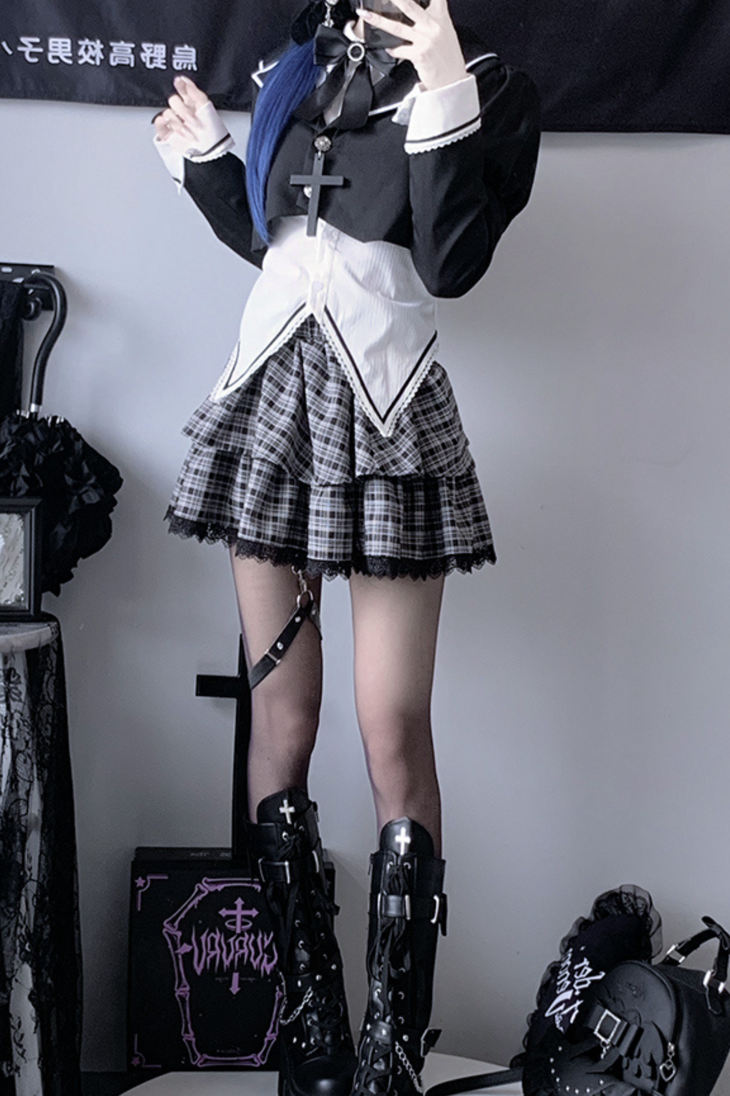 Gothic Style Shirt + Plaid Skirt + Ribbon + Necktie