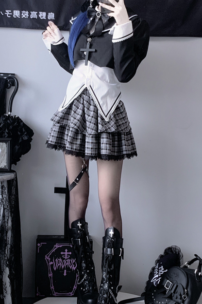 Gothic Style Shirt + Plaid Skirt + Ribbon + Necktie