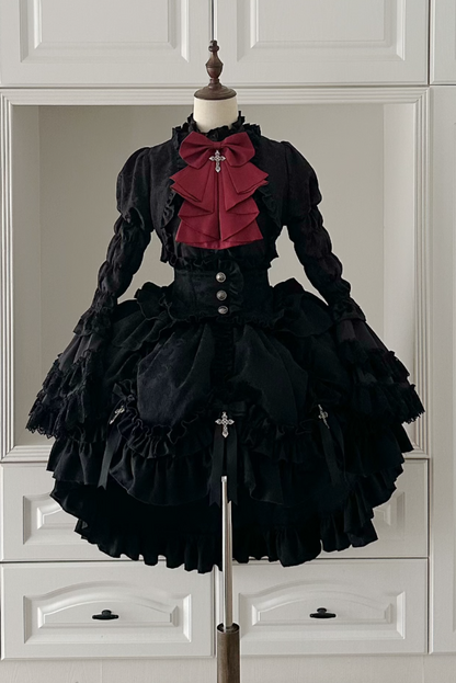 [pre-order Deadline: March 31] Cross Nocturne Gothic Dark Stripe Layered Top + Cross Rose Stripe Pull Up Skirt