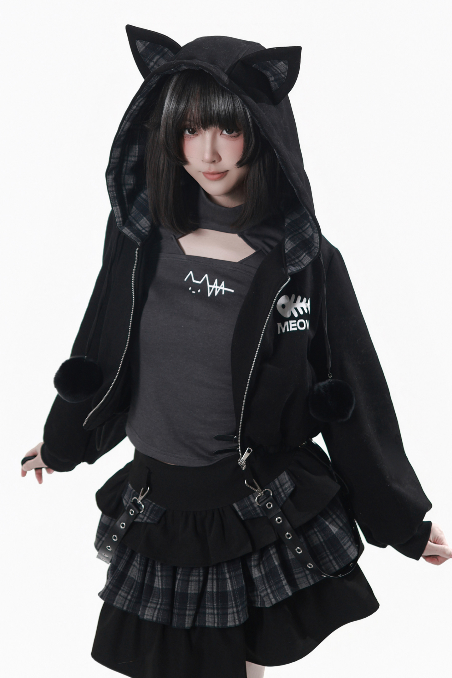 Cat Ear Jacket + Tiered Skirt + Top + Striped Leg Warmers