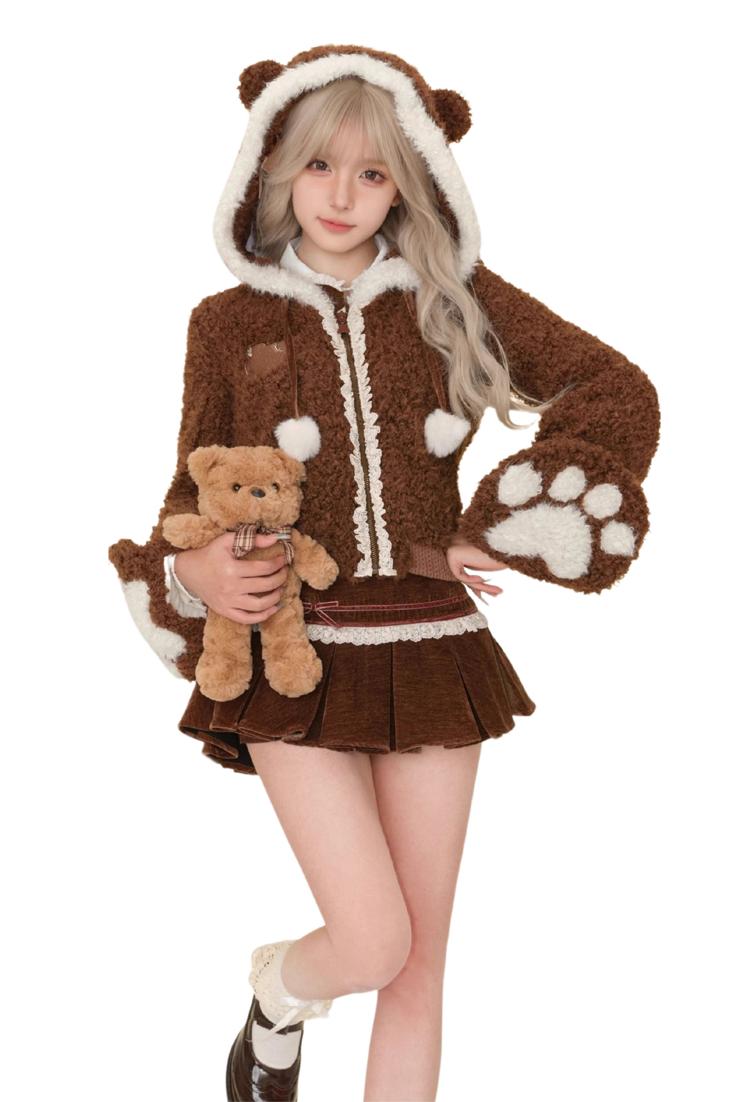 Bear Knit Cardigan + Bear Jacket + Velvet Skirt + Shirt