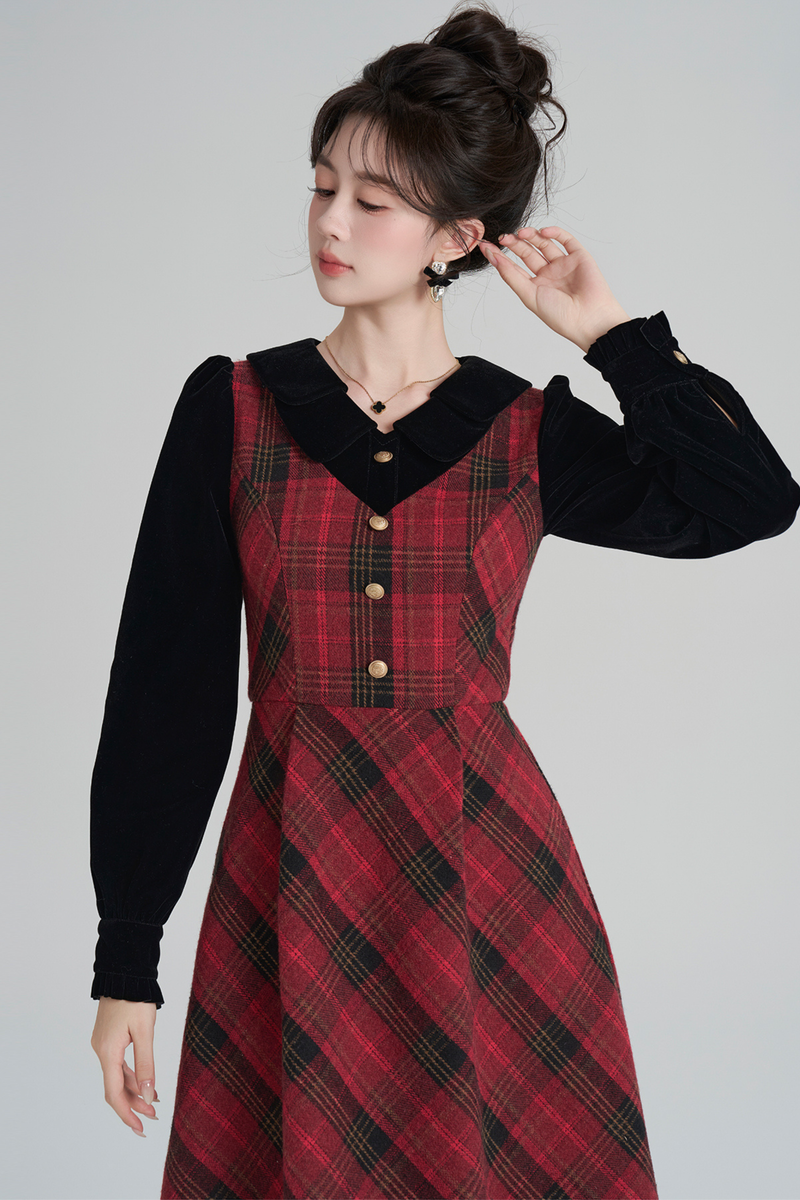Red Retro Check Tweed Dress