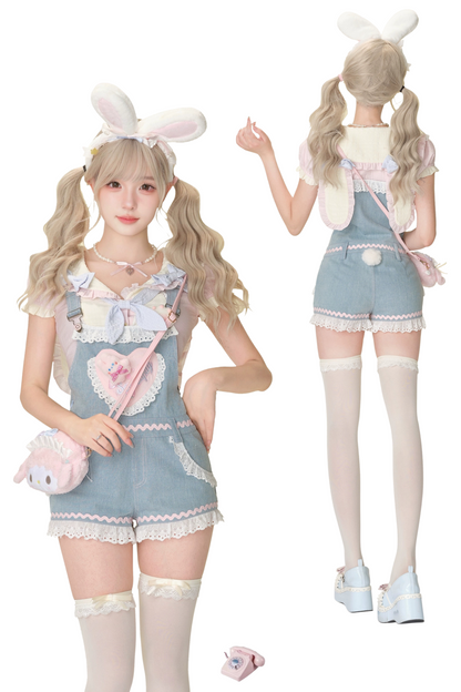 Strawberry Bunny Top + Denim Salopettes