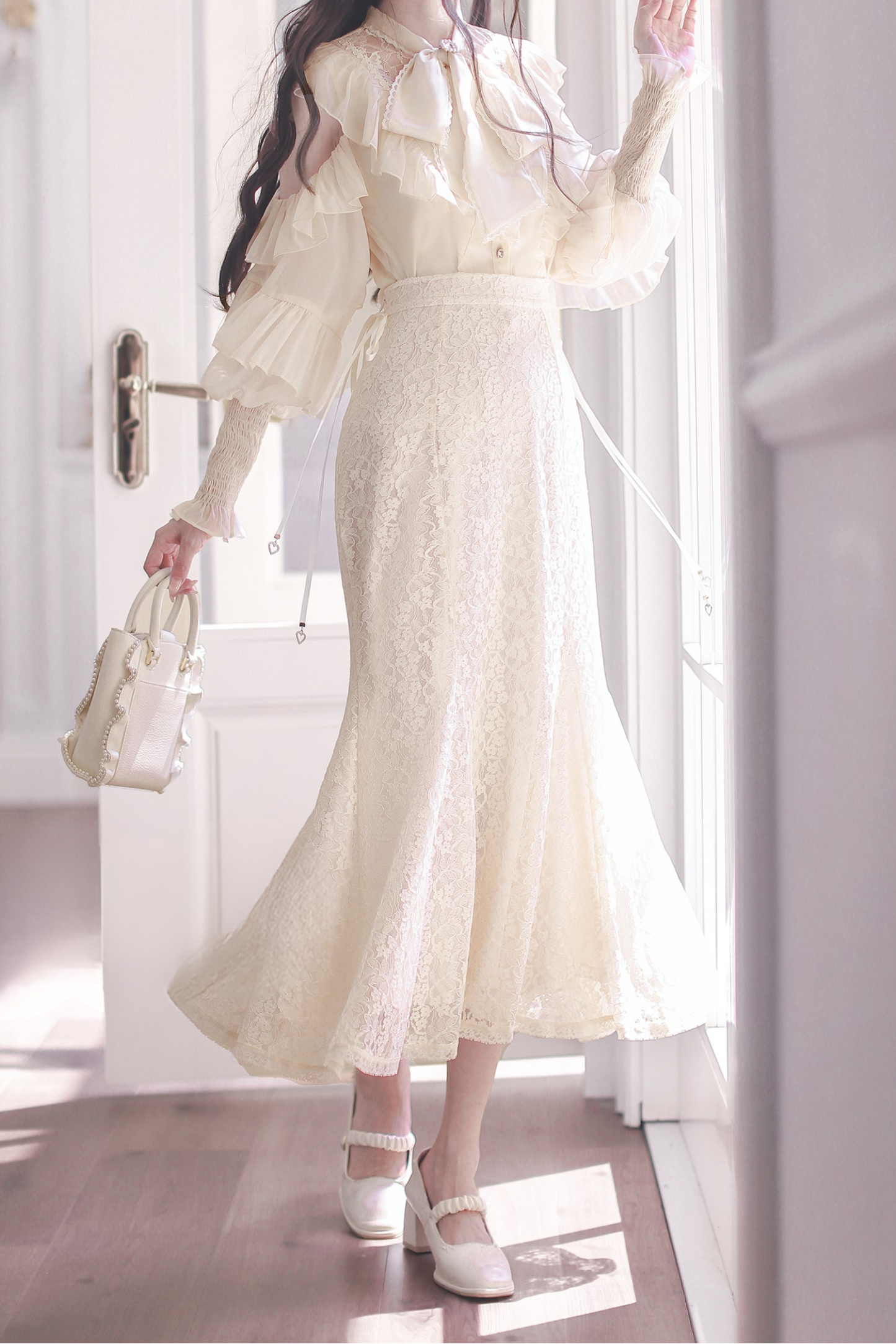 Sheer Chiffon Big Ribbon Shirt + Mermaid Skirt
