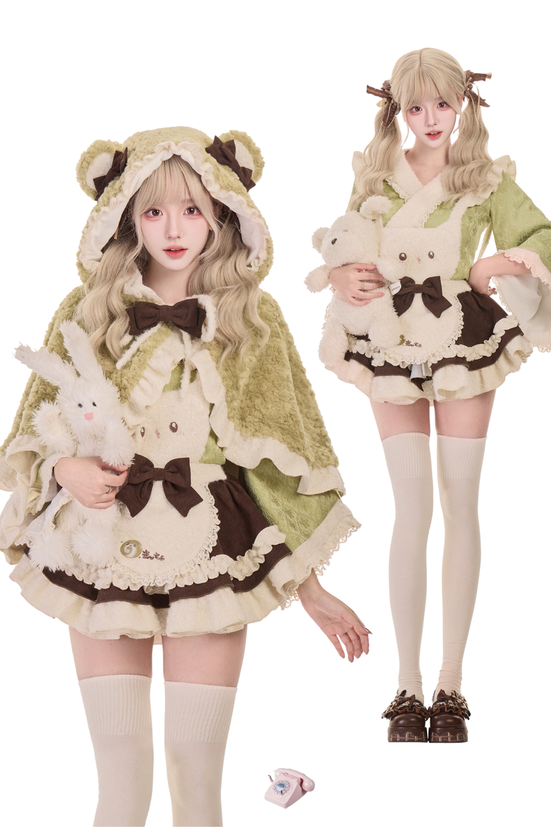 Matcha Roll Japanese Style Top + Kitten Suspender Skirt + Cape With Ribbon