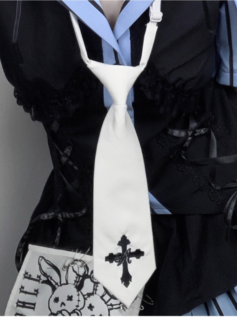 Code Rabbit Original Off Shoulder Striped Shirt + Asymmetric Striped Tiered Skirt + Cross Necktie