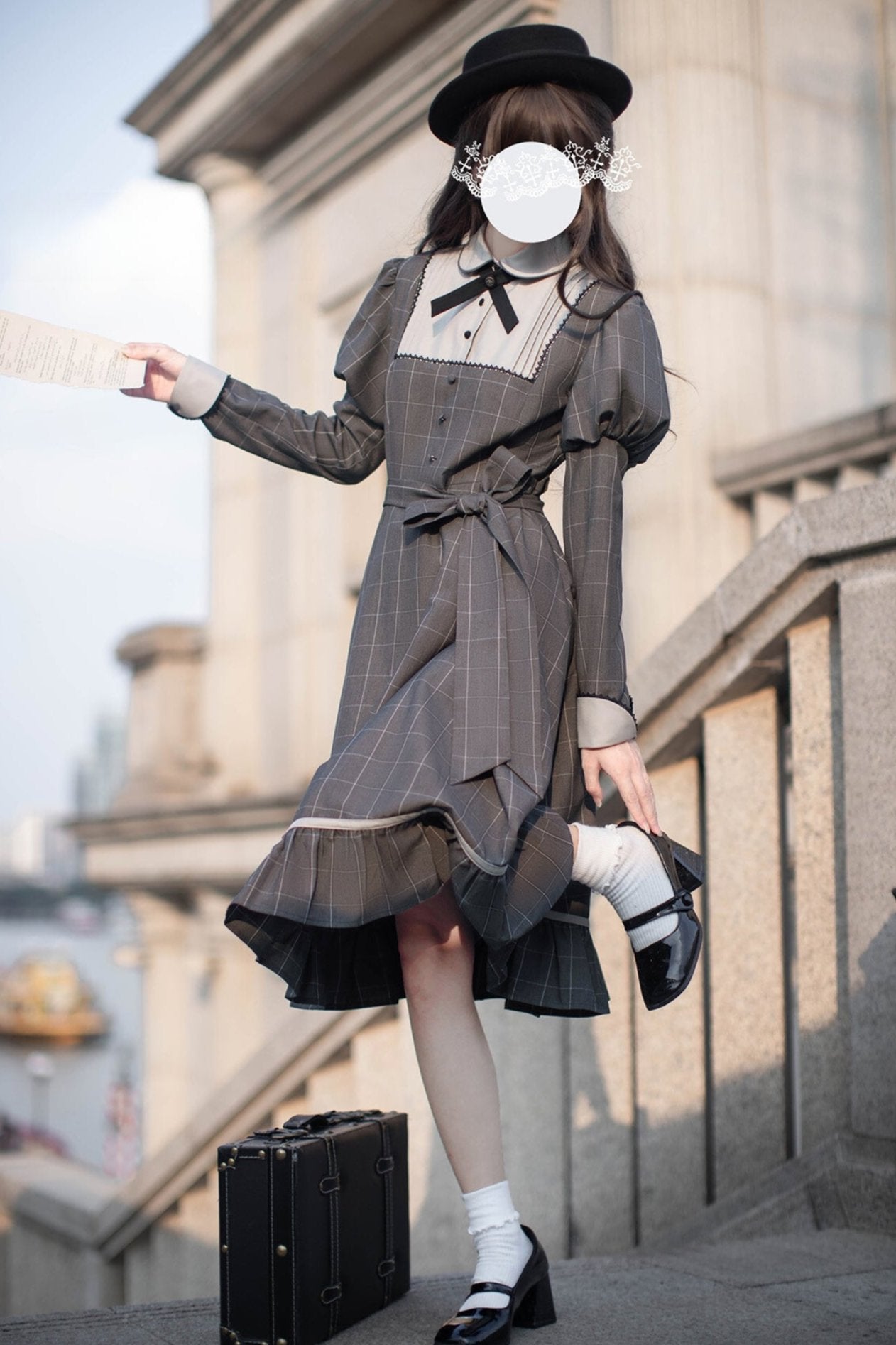 [pre-order] Gray Check Waist Dress