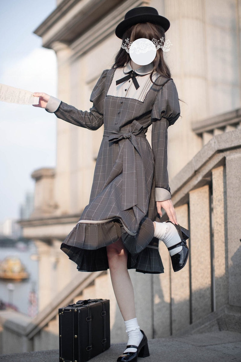 [pre-order] Gray Check Waist Dress