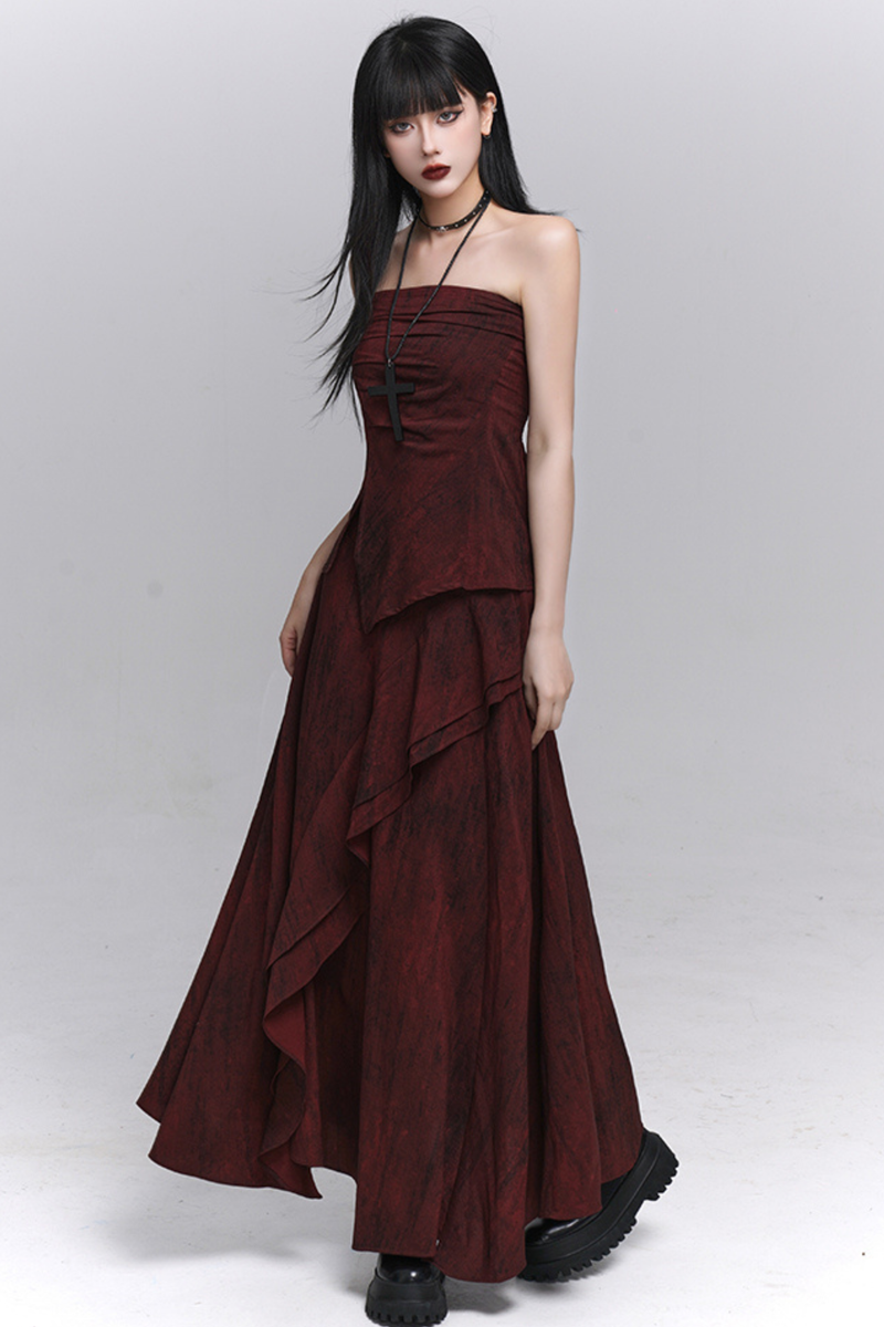 Dark Red Bandeau + Long Skirt
