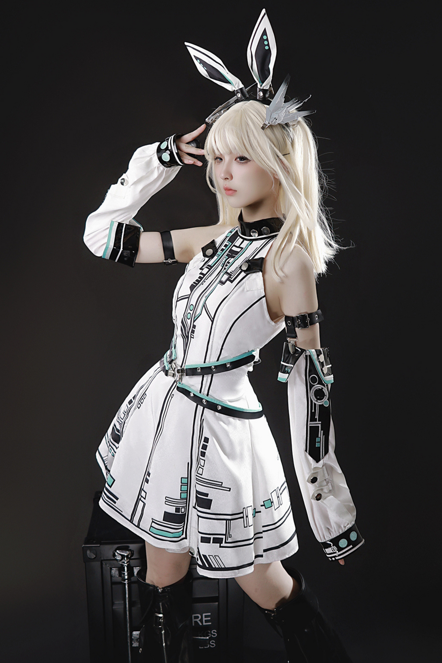 [reservation Product] Machine Warrior Lolita Technology Printed Dress + Sleeve + Bunny Ear Cutucha