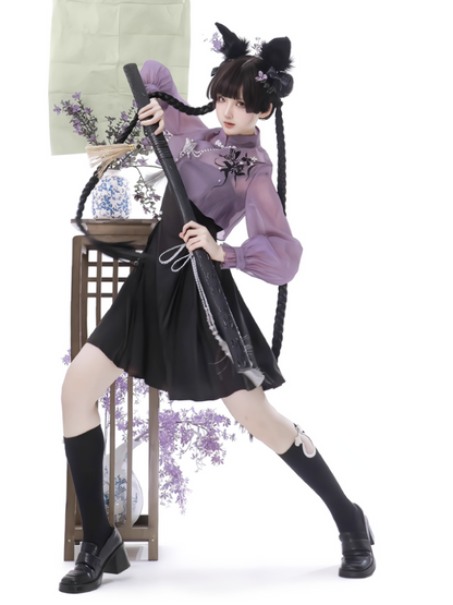 Chinese-style Embroidery Short Top + Suspender Skirt Suit