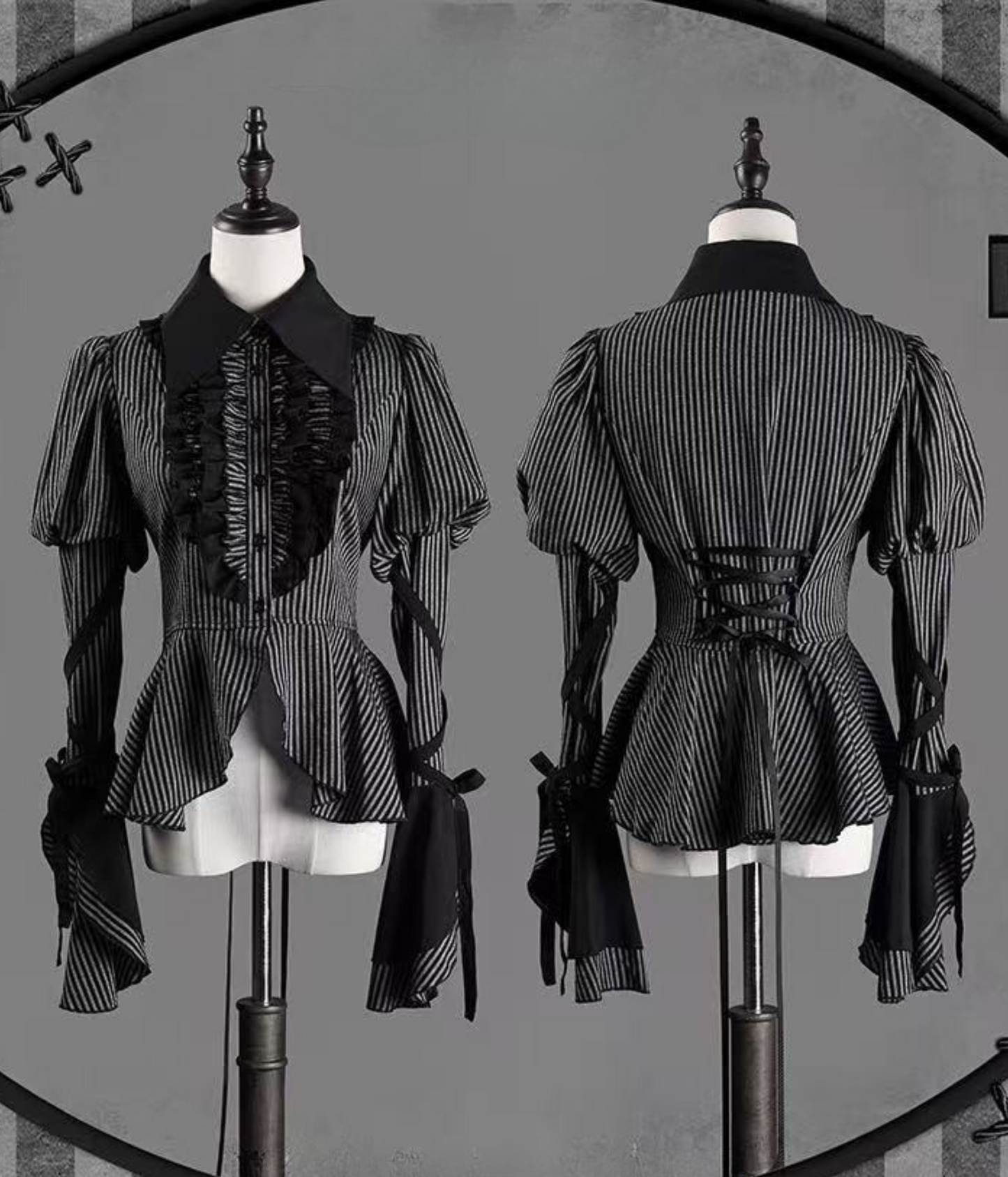 [pre-order] Dark Striped Gusset-sleeved Shirt + Corset + Skirt