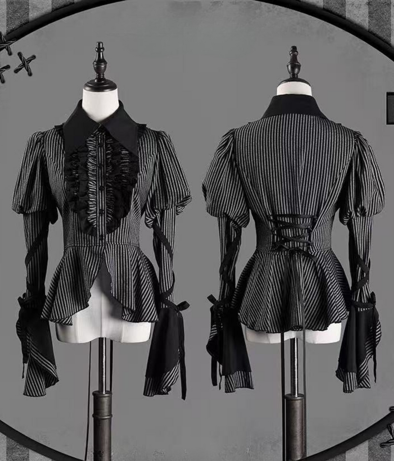 [pre-order] Dark Striped Gusset-sleeved Shirt + Corset + Skirt