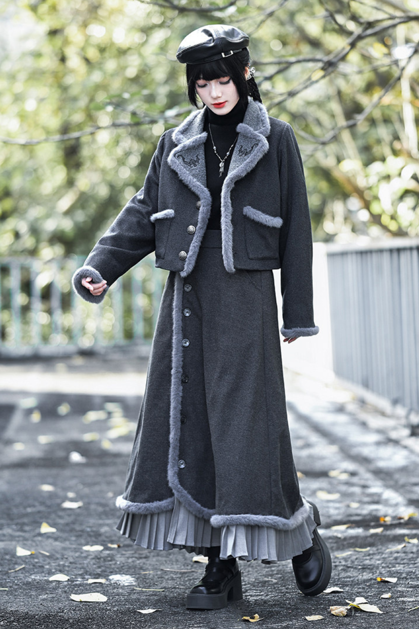 Retro Mode Faux Fur Short Jacket + Skirt