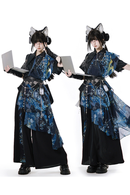 Dark Chinese-style Shirt + Wide Leg Pants + Chain + Belt