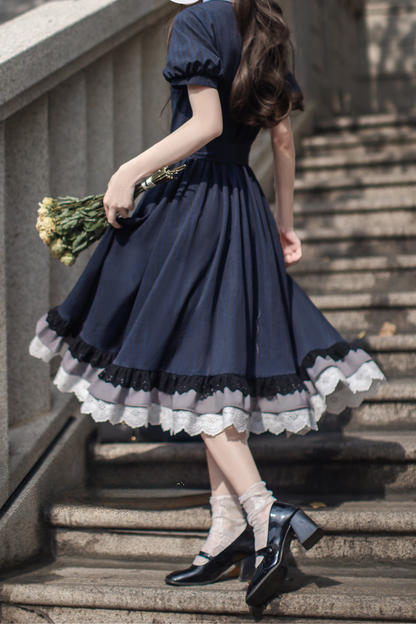 [pre-order] Retro Navy Blue Dress + Slim Ribbon + Brooch