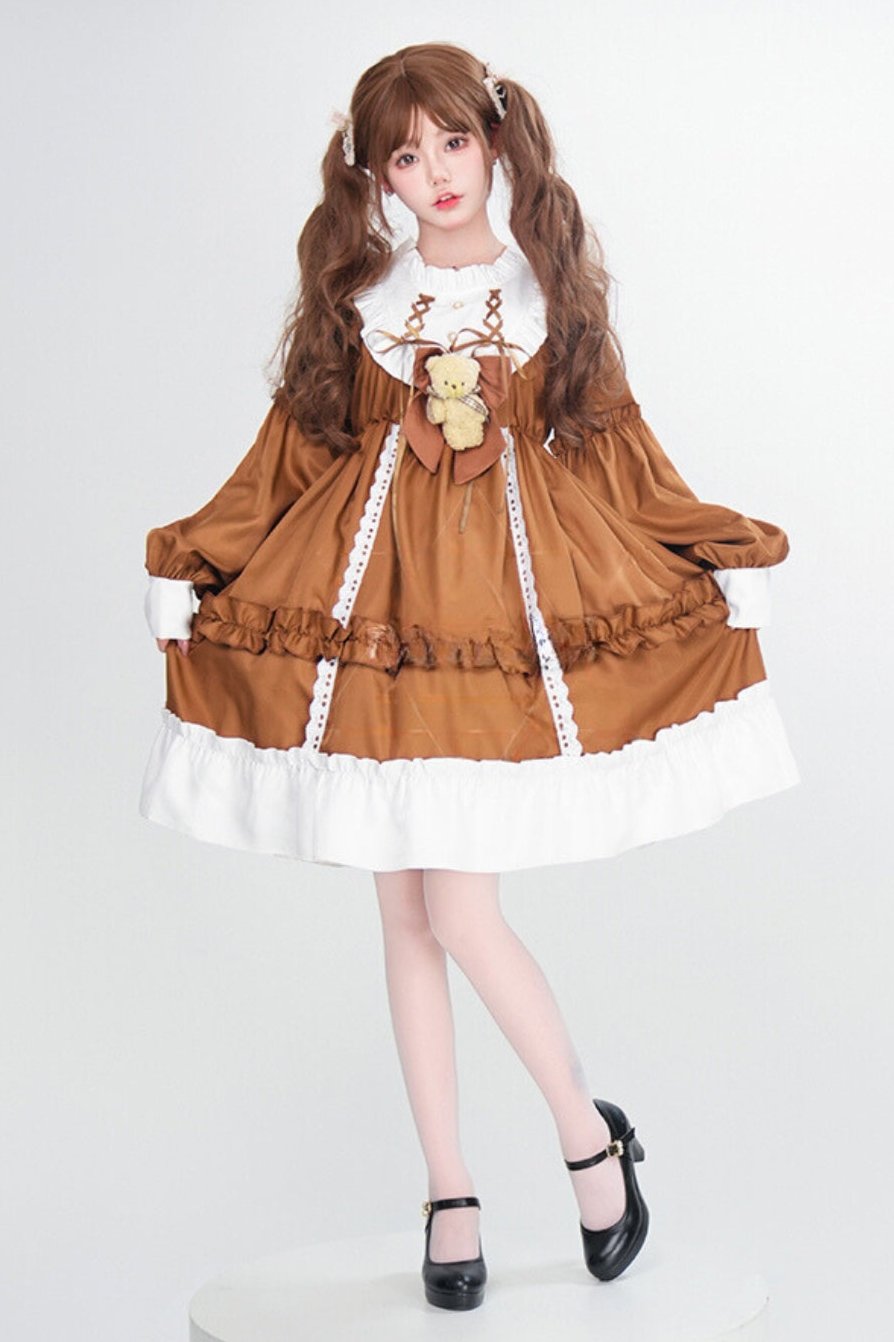 Doll Lace-up Lolita Dress + Bustle + Bear Ribbon
