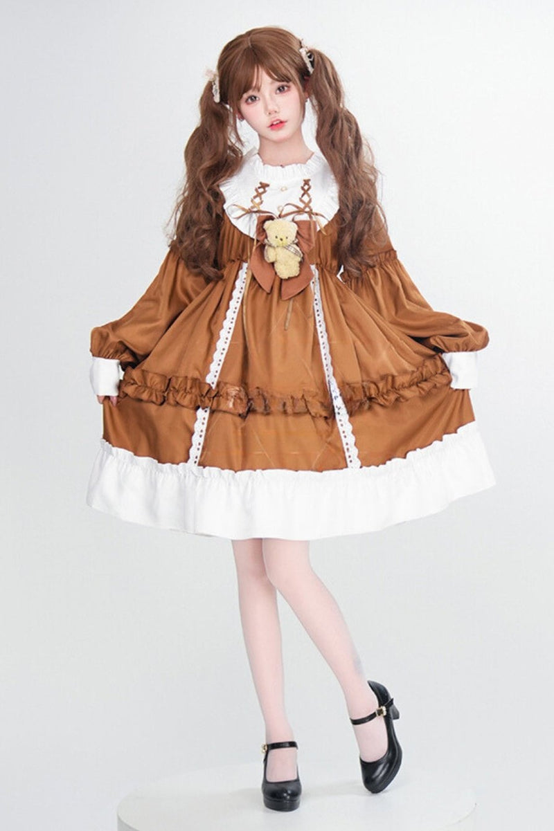 Doll Lace-up Lolita Dress + Bustle + Bear Ribbon