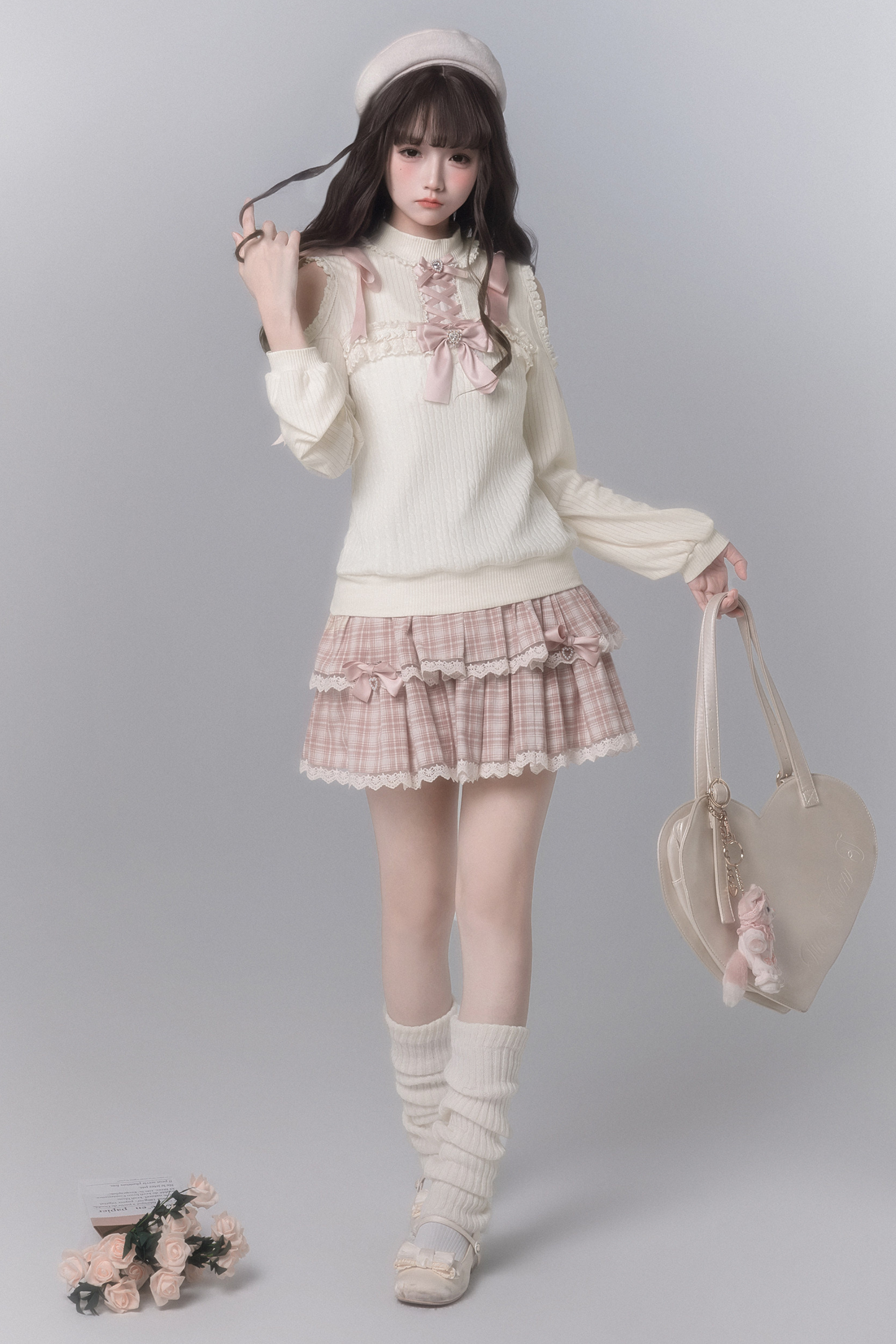Sweet Off Shoulder Knit Top + Checkered Skirt + Bow Tie