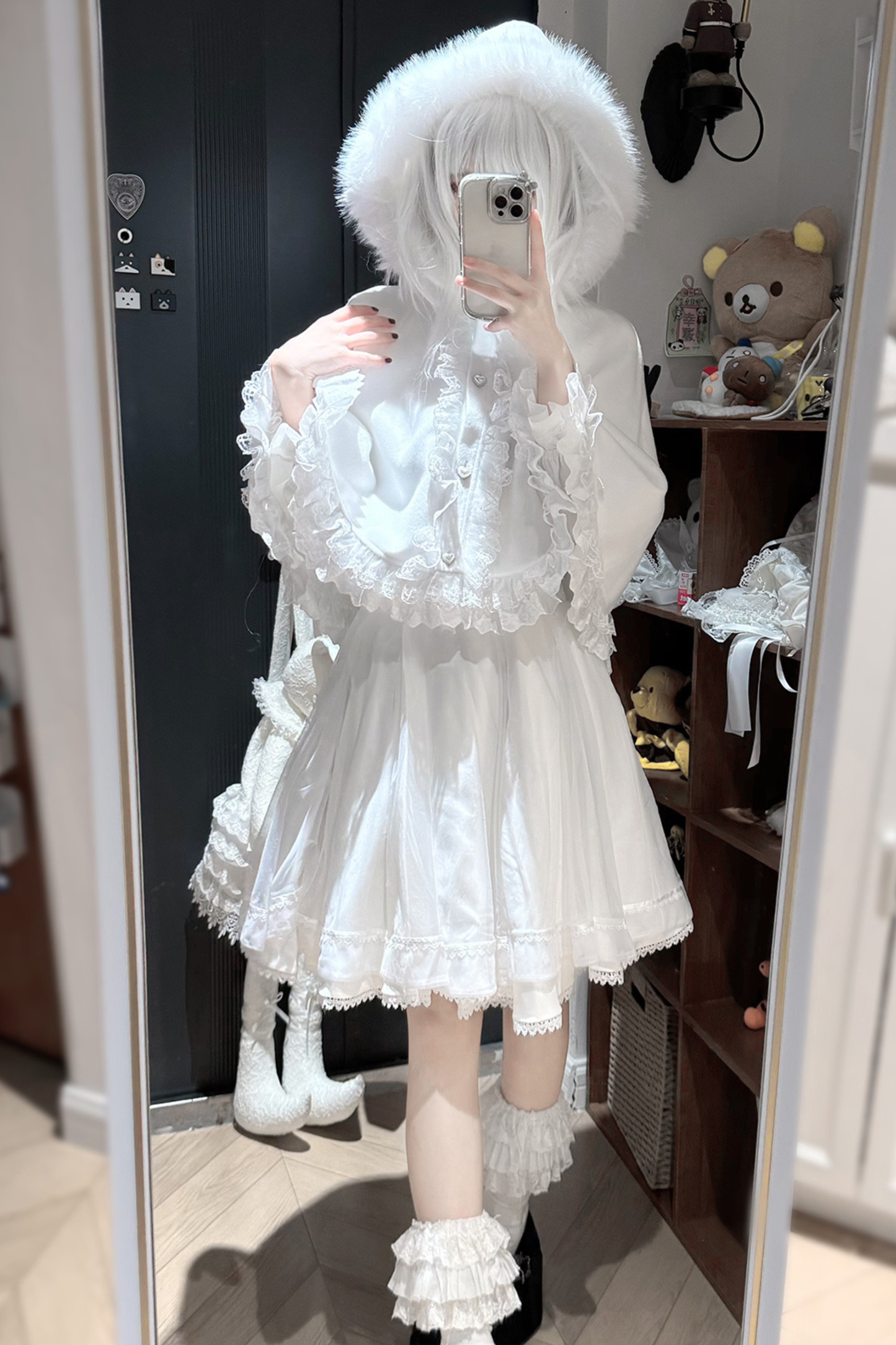 Fur Hooded Mantle + Tops + Skirt