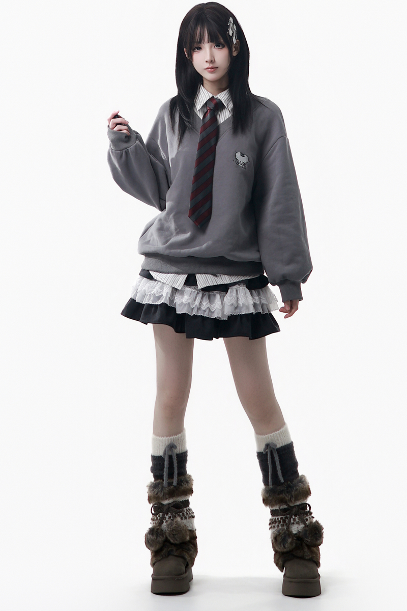 Big Fur Collar Jacket + Top + Skirt + Pants + Plaid Hooded Jacket