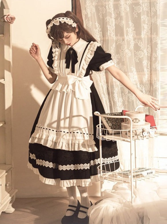 Front Ribbon Lantern Long Sleeve Maid Dress + Ruffle Big Ribbon Apron
