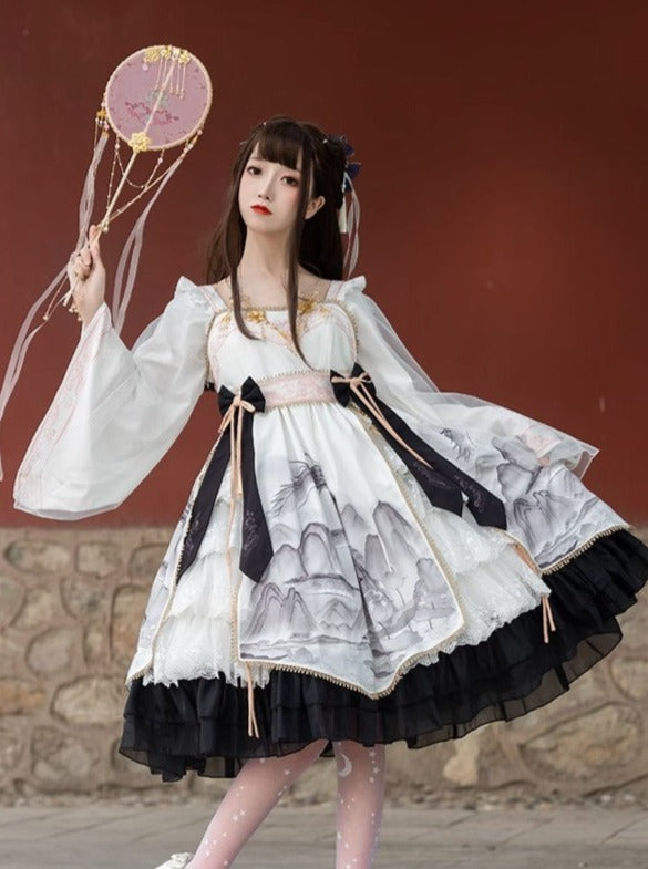 Layered Ruffle Kimono Dress With Attached Collar