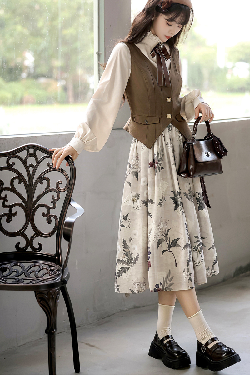 Retro Long Coat + Skirt + Shirt + Vest