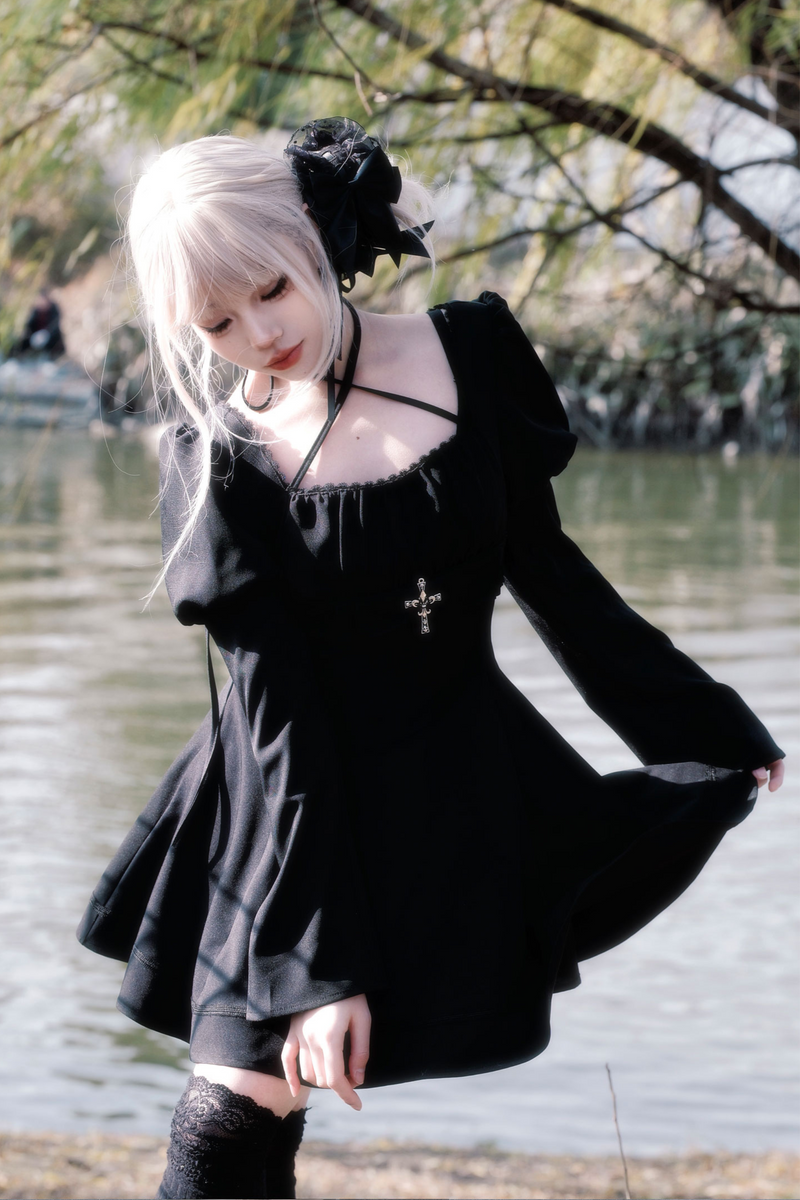 Dark Gothic Girl Flared Dress