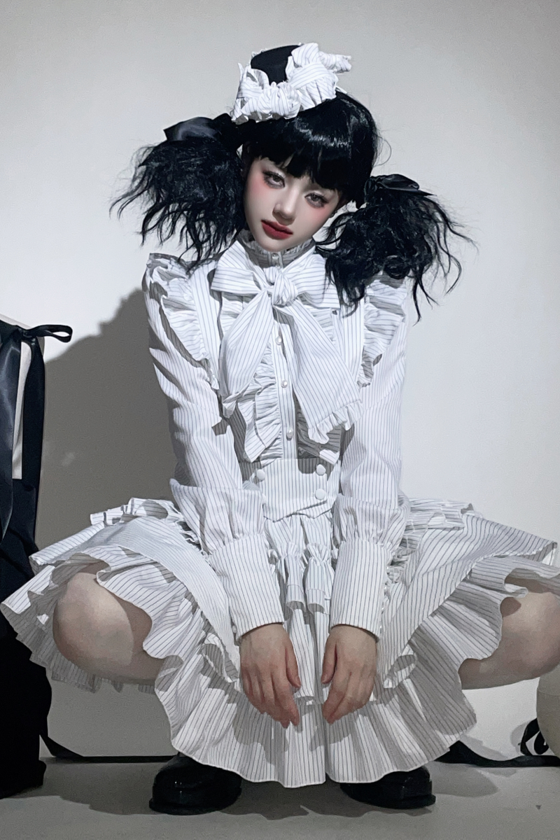 Striped Gothic Lolita Shirt + Tiered Skirt