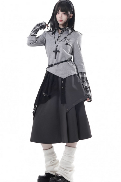 Plaid Design Top + Asymmetrical Top + Pants + Skirt + Belt