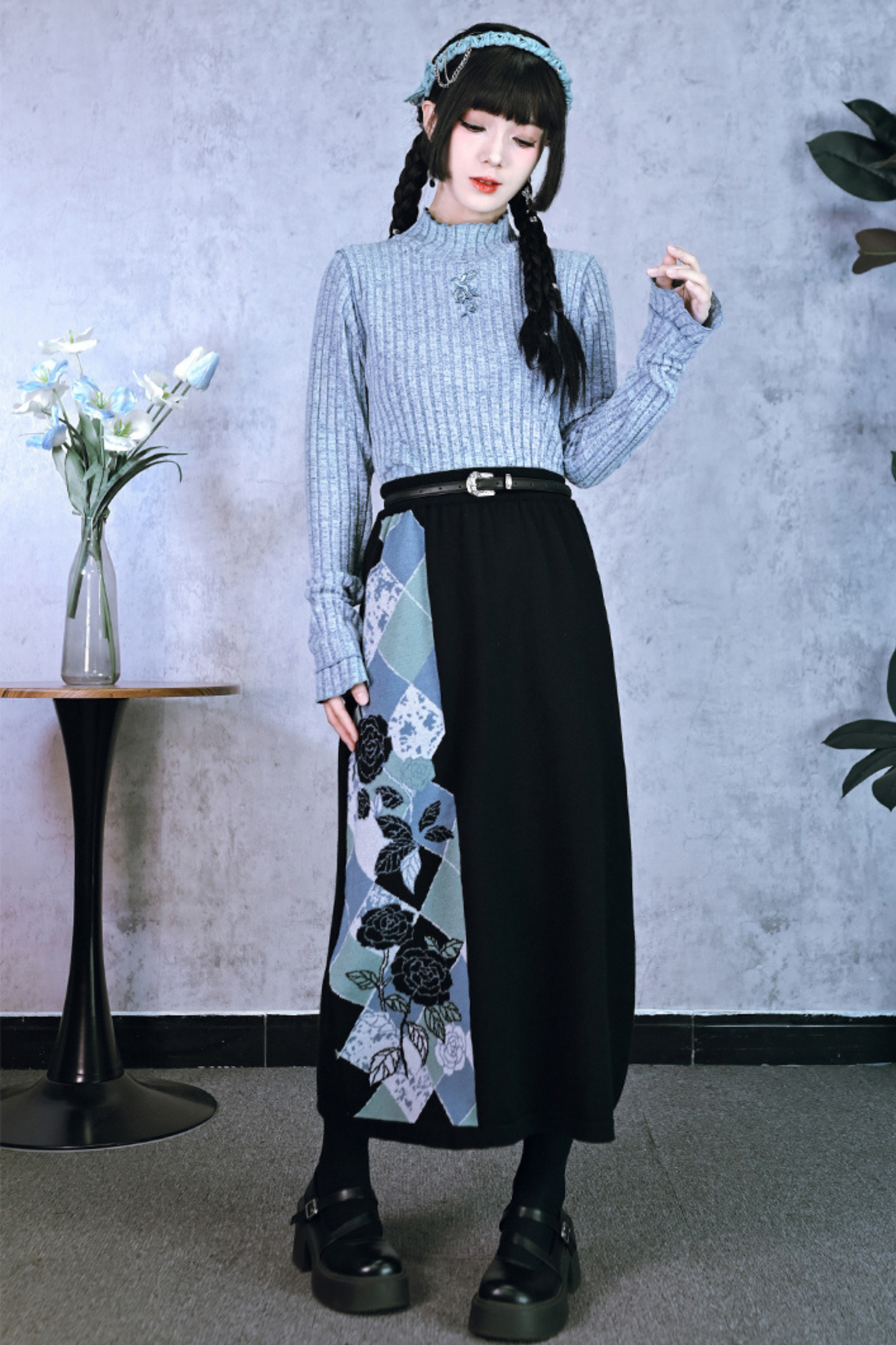 Argyle Cardigan + Asymmetric Skirt