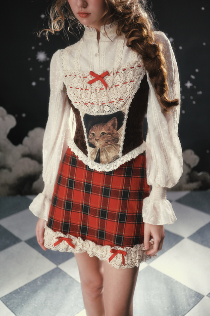 Lace Maid Plaid Corset Top + Crochet Cardigan + Plaid Skirt