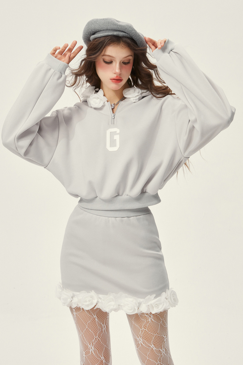 Gray Hooded Top + Ruffle Tight Skirt