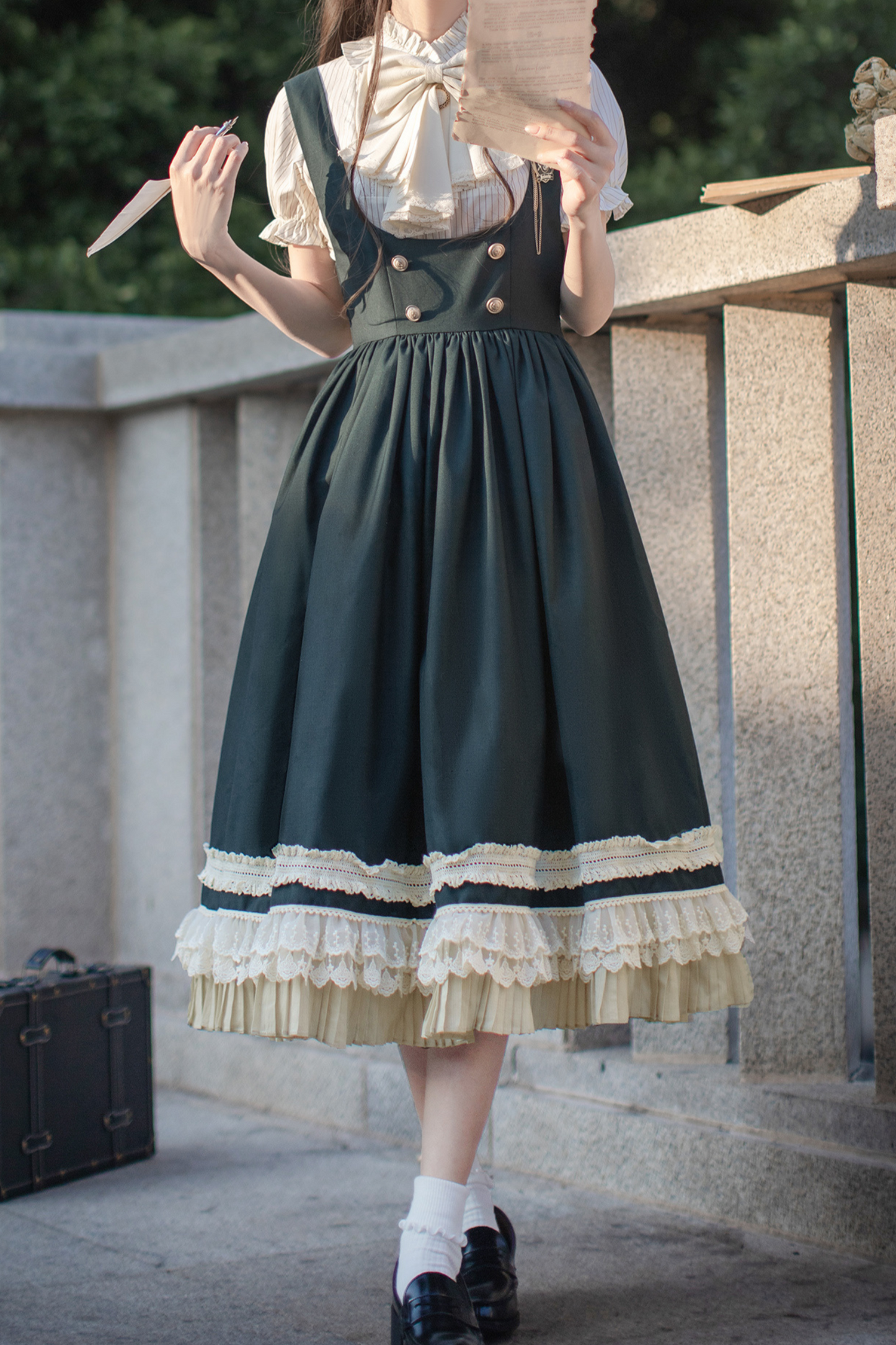 Western-style College Vest Skirt + Puff Sleeve Shirt + Big Ribbon + Brooch