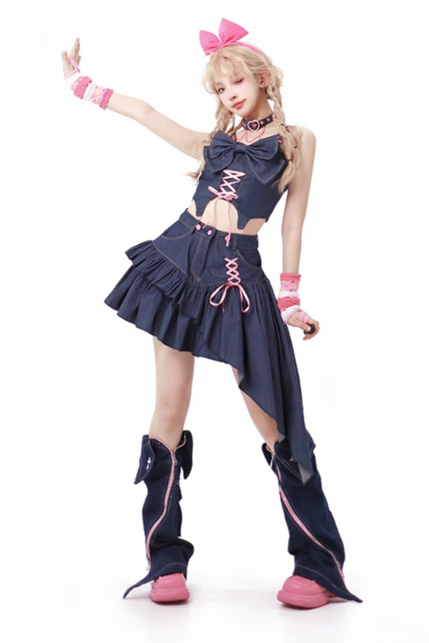 Y2k Denim Lace-up Top + Asymmetrical Ruffle Skirt