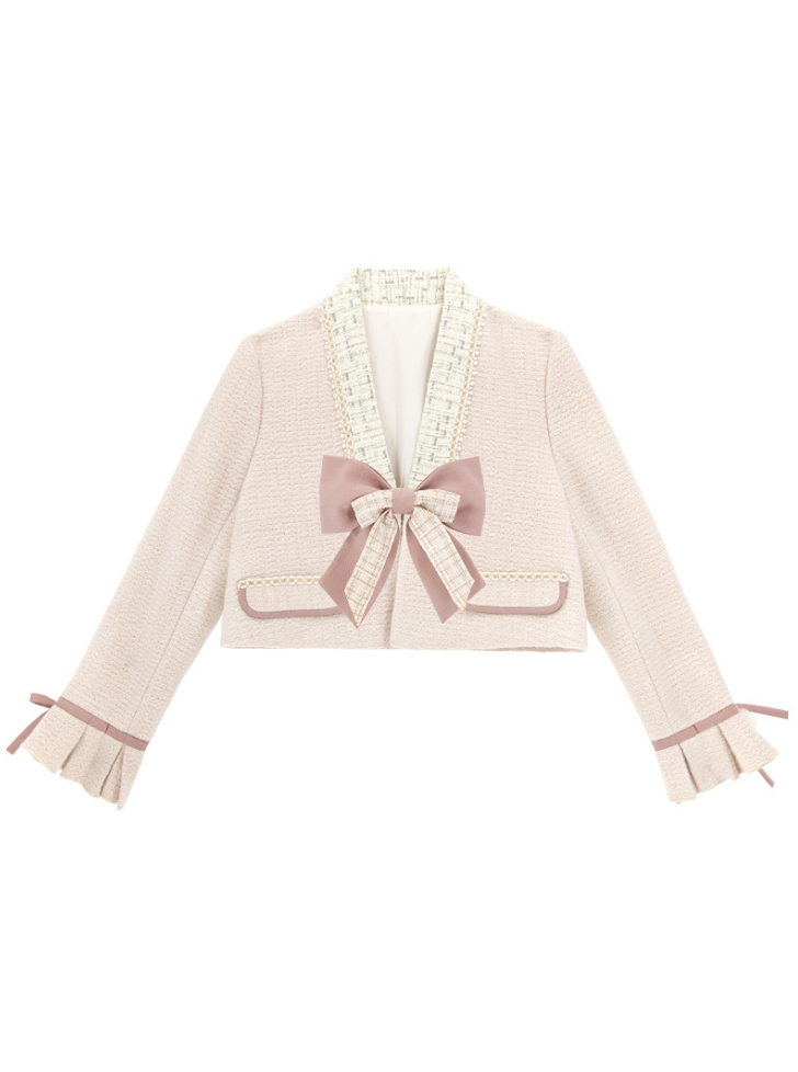 Ruffle Blouse + Tight Skirt + Tweed Ribbon Jacket