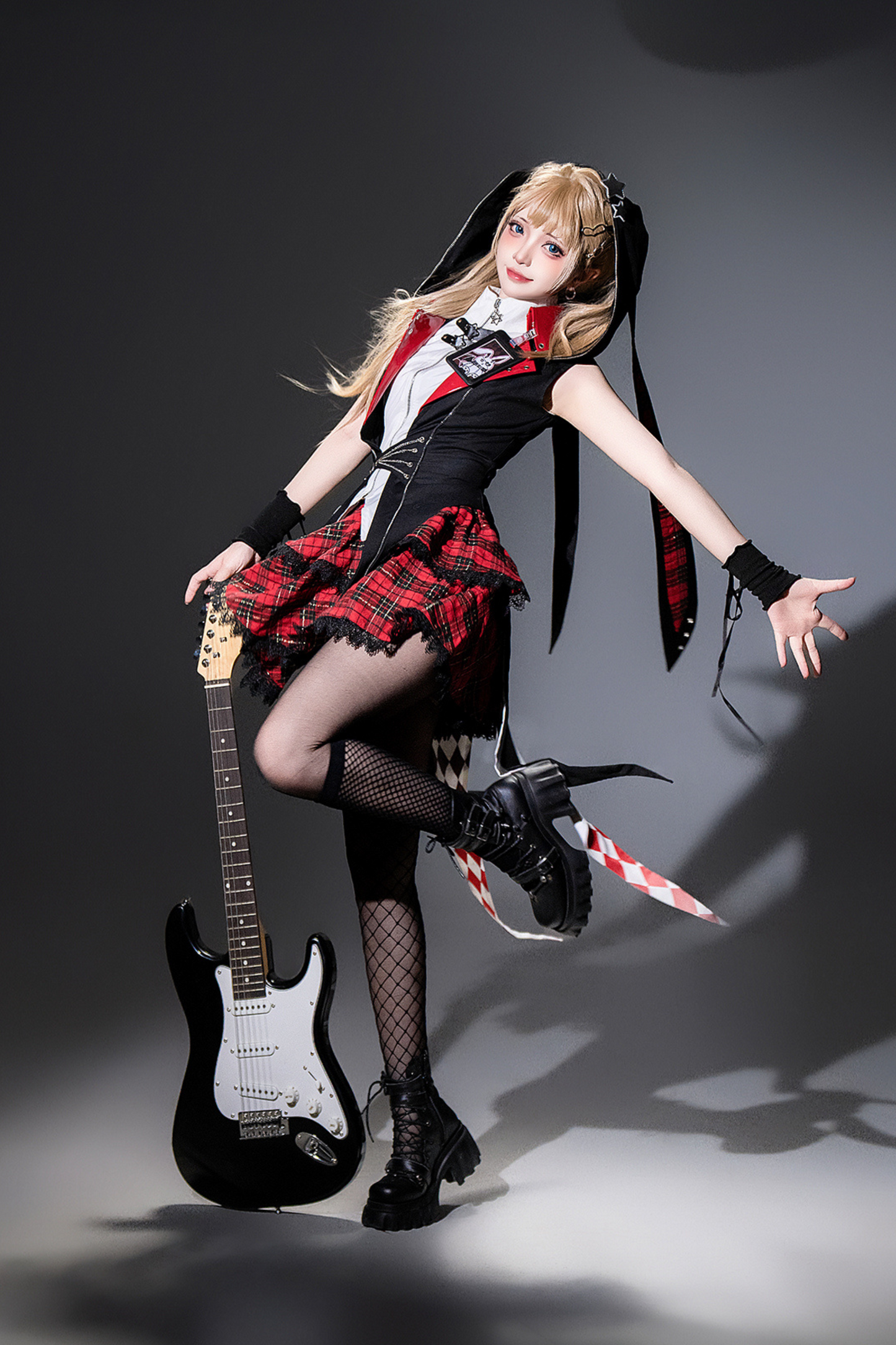 [pre-order] Bunny Rock Star Girl Hooded Jacket + Blouse + Plaid Skirt