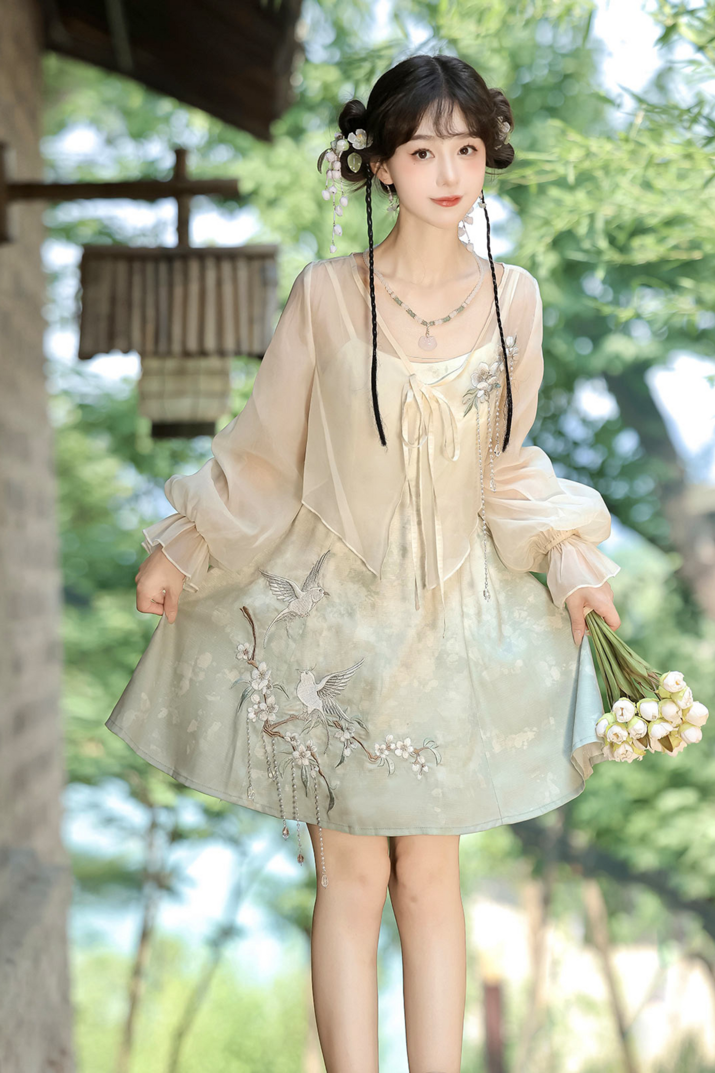 Chinese-style Gradient Retro Dress + Sheer Cardigan