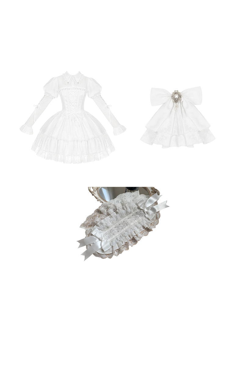 White Gothic Gemini Lolita Dress + Corset + Ribbon + Headband + Veil