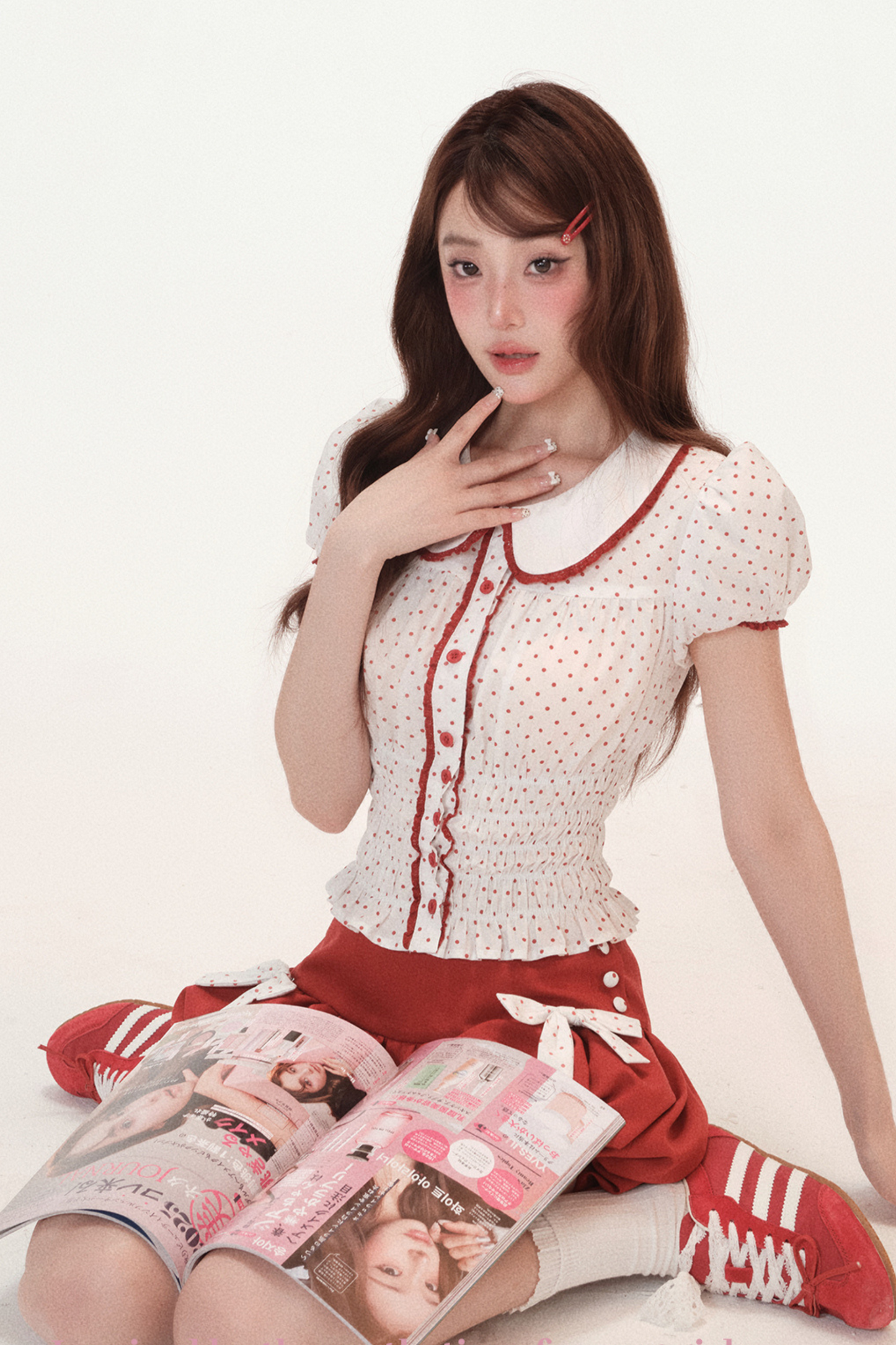 Polka Dot Puff Sleeve Doll Shirt + Ribbon Balloon Skirt Pants