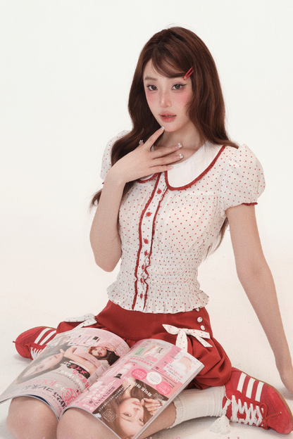 Polka Dot Puff Sleeve Doll Shirt + Ribbon Balloon Skirt Pants