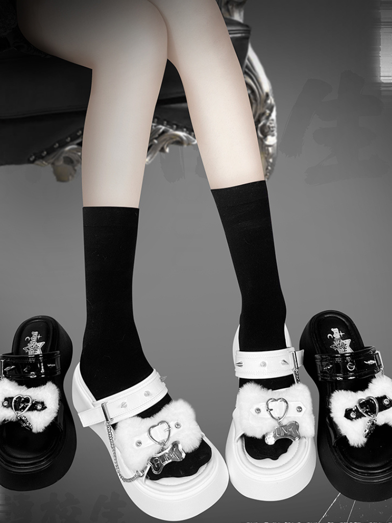 Punk Rivet Fur Chain Platform Flat Sandal