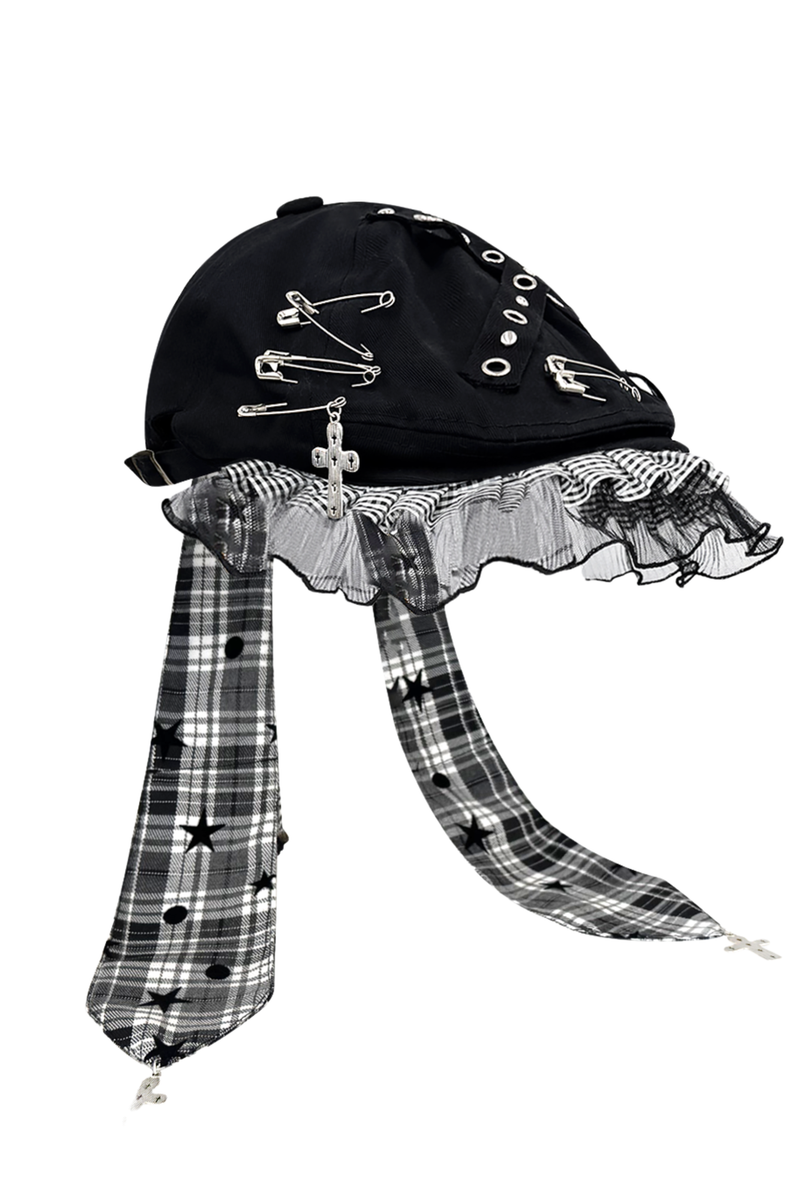 Cross Plaid Lace Bunny Hat