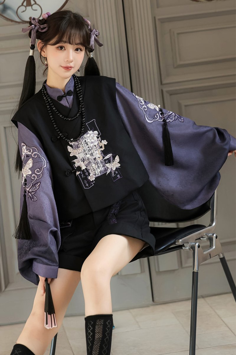 Dark Chinese-style Top + Vest + Shorts + Necklace